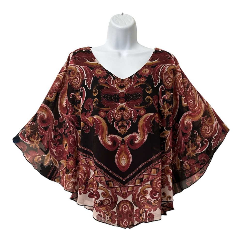 Quintessential top with attached tank top, main colors are black & wine